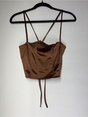 H&M Brown Satin Cropped Cami with Strappy cross cross Back